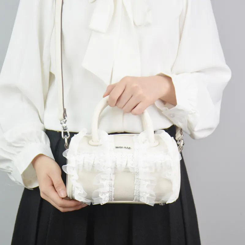 MISS GAIL Synthetic Leather Boston Bag, Shoulder Bag, Crossbody Bag, Handbag Women's Lace White-5