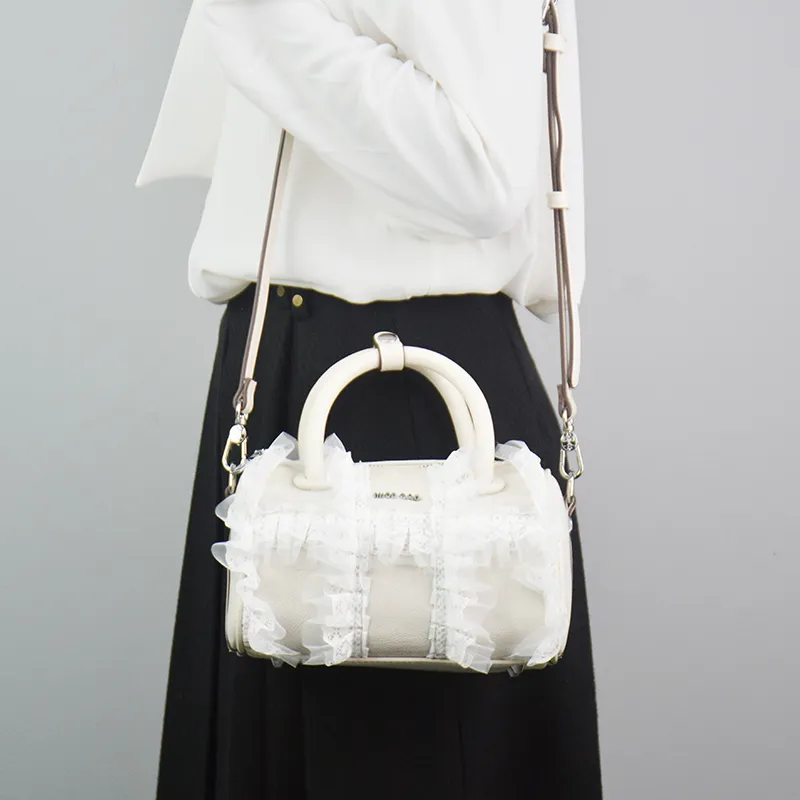 MISS GAIL Synthetic Leather Boston Bag, Shoulder Bag, Crossbody Bag, Handbag Women's Lace White-6