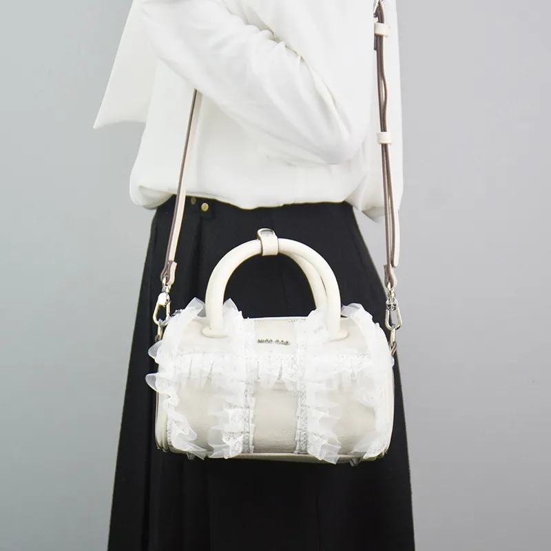 MISS GAIL Synthetic Leather Boston Bag, Shoulder Bag, Crossbody Bag, Handbag Women's Lace White-13