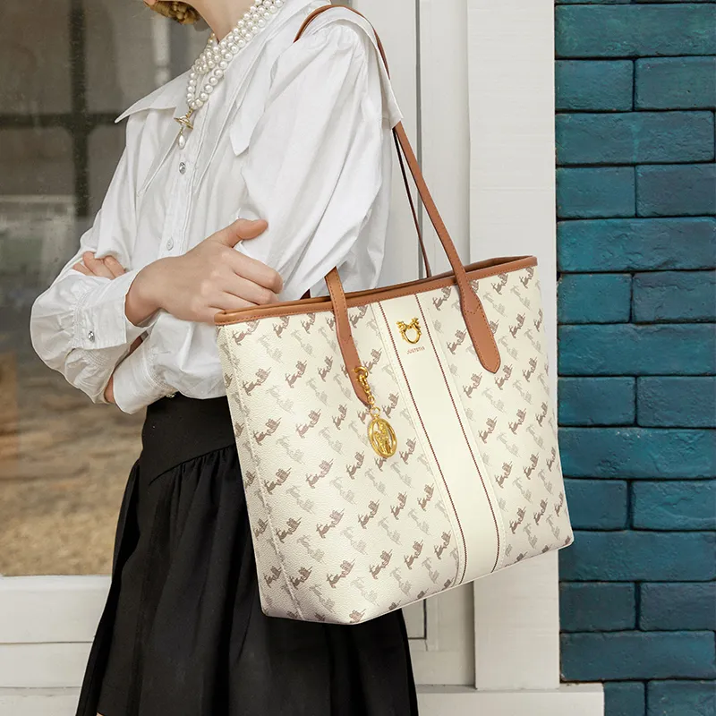 JUST STAR PU Tote Bag Shopping Bag Shoulder Bags Large Size Women's Milk Tea Ecru-4