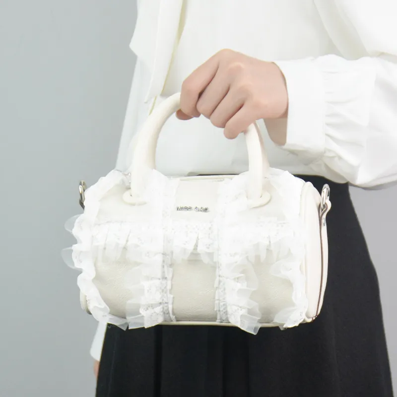 MISS GAIL Synthetic Leather Boston Bag, Shoulder Bag, Crossbody Bag, Handbag Women's Lace White-4