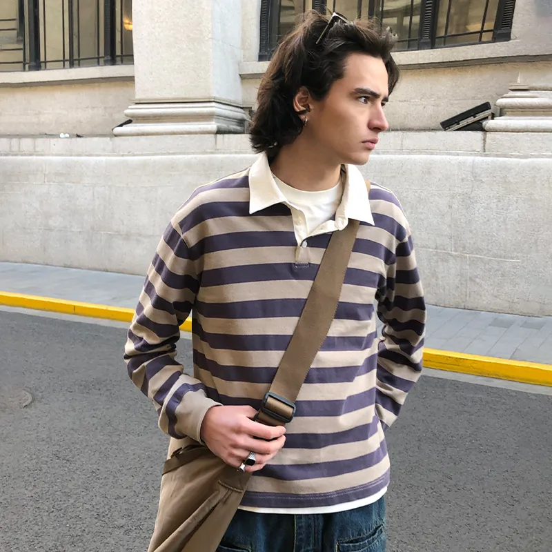 COUNTRY MOMENT Polo Shirt Men's Purple Khaki Stripes-5