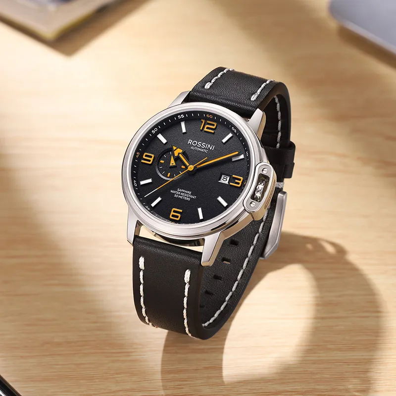 ROSSINI Designer Collection Mechanical Movement Cowhide Strap Watch Men's Watches Black Dial-1