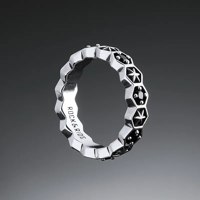 ROCK&RIDE 925 Silver Inlaid With Black Spinel Rings Unisex-2