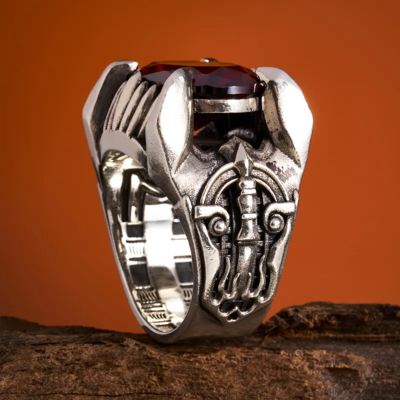 ROCK&RIDE 925 Sterling Silver With Garnet Red Zircon Inlay Rings Men's-3