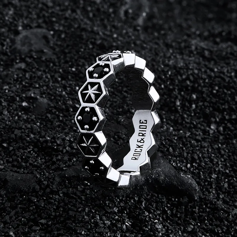 ROCK&RIDE 925 Silver Inlaid With Black Spinel Rings Unisex-3