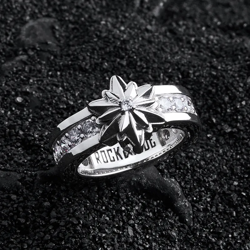 ROCK&RIDE 925 Sterling Silver With White Zircon Inlaid Rings Unisex-4