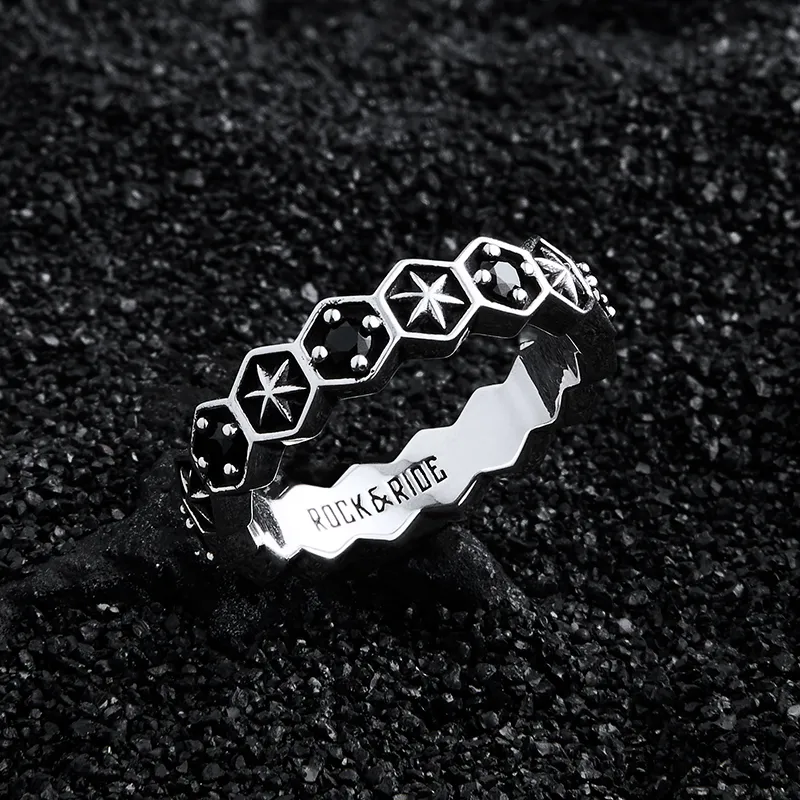ROCK&RIDE 925 Silver Inlaid With Black Spinel Rings Unisex-4