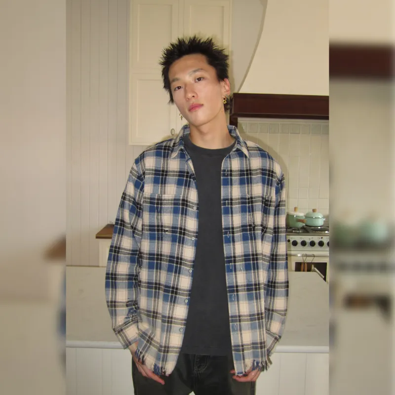 Haonanhuang Shirt Unisex Blue Plaid-2