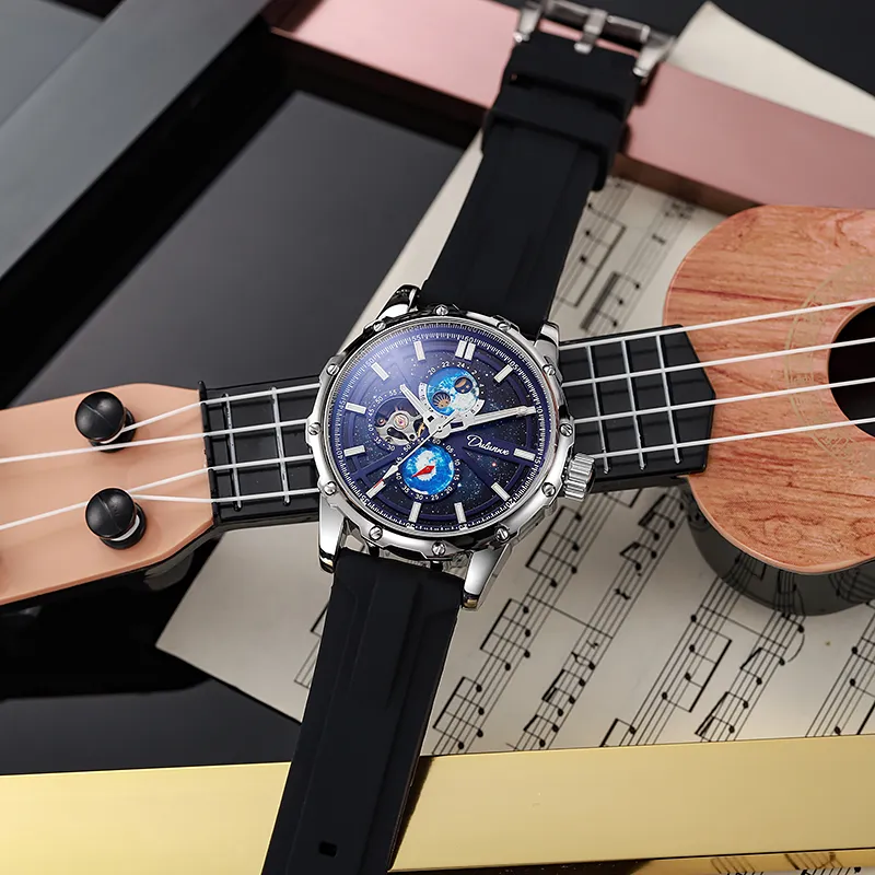 Dulunwe Star Moon Series Automatic Mechanical Movement Rubber Band Strap Watch Men's Watches Blue Dial-6