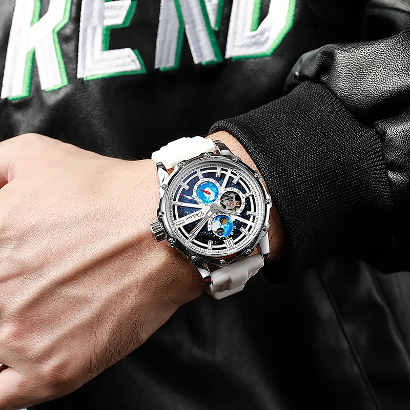Dulunwe Star Moon Series Automatic Mechanical Movement Rubber Band Strap Watch Men's Watches Blue Dial-3
