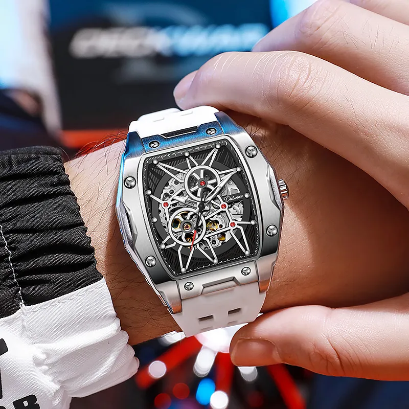 Dulunwe Linker Collection Automatic Mechanical Movement Rubber Strap Watch Men's Watches White Dial-8