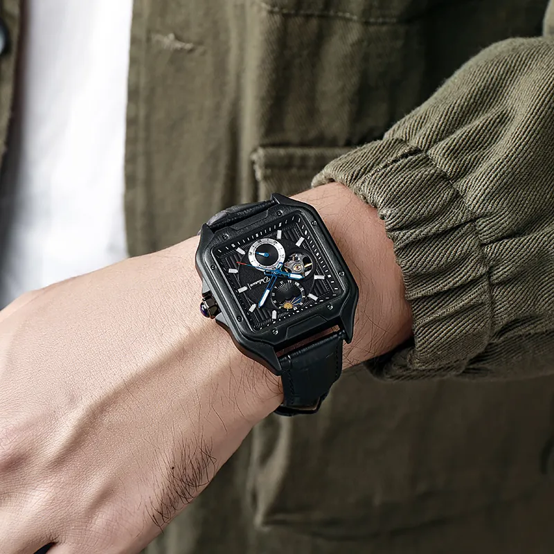 Dulunwe Automatic Mechanical Movement Genuine Leather Strap Watch Men's Watches Black Dial-8