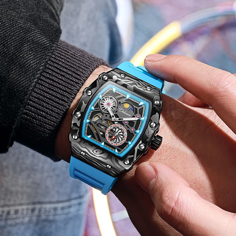 Dulunwe Automatic Mechanical Movement Silicone Strap Watch Men's Watches Black Dial-12