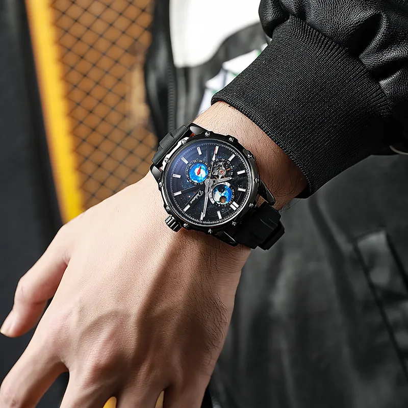 Dulunwe Star Moon Series Automatic Mechanical Movement Rubber Band Strap Watch Men's Watches Blue Dial-9