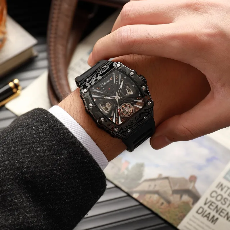 Dulunwe Automatic Mechanical Movement Rubber Band Strap Watch Men's Watches Black Dial-3