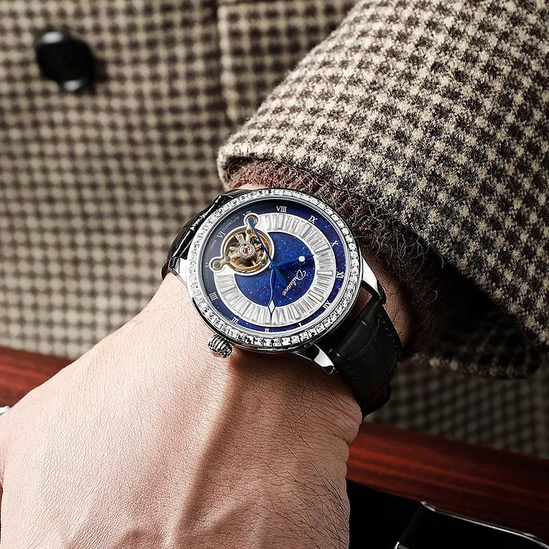 Dulunwe Automatic Mechanical Movement Genuine Leather Strap Watch Men's Watches Blue Dial-2