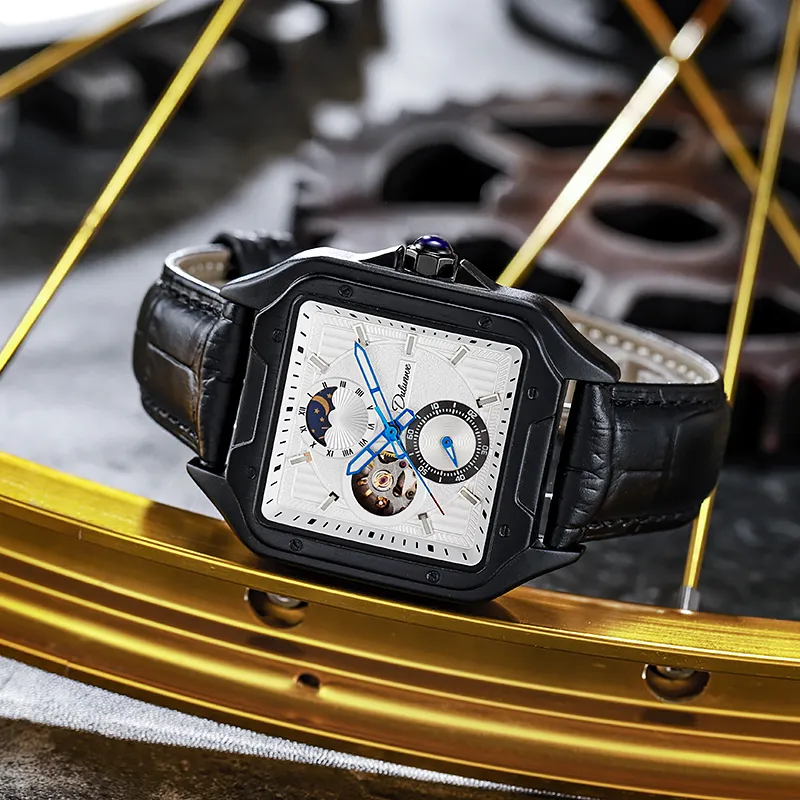 Dulunwe Automatic Mechanical Movement Genuine Leather Strap Watch Men's Watches Black Dial-3