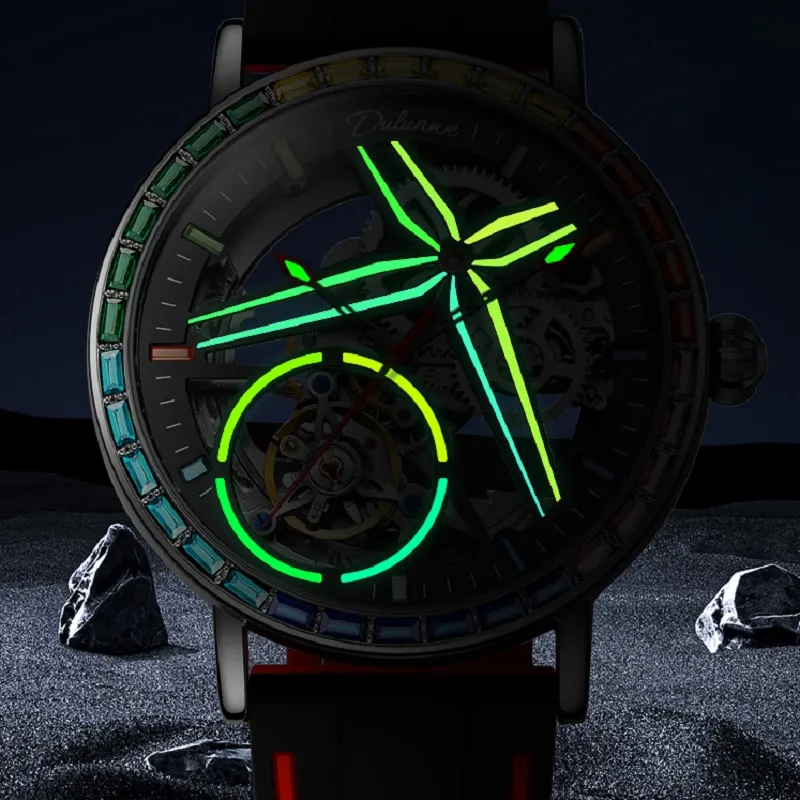 Dulunwe Automatic Mechanical Movement Rubber Band Strap Watch Men's Watches Cut-Out Dial-3