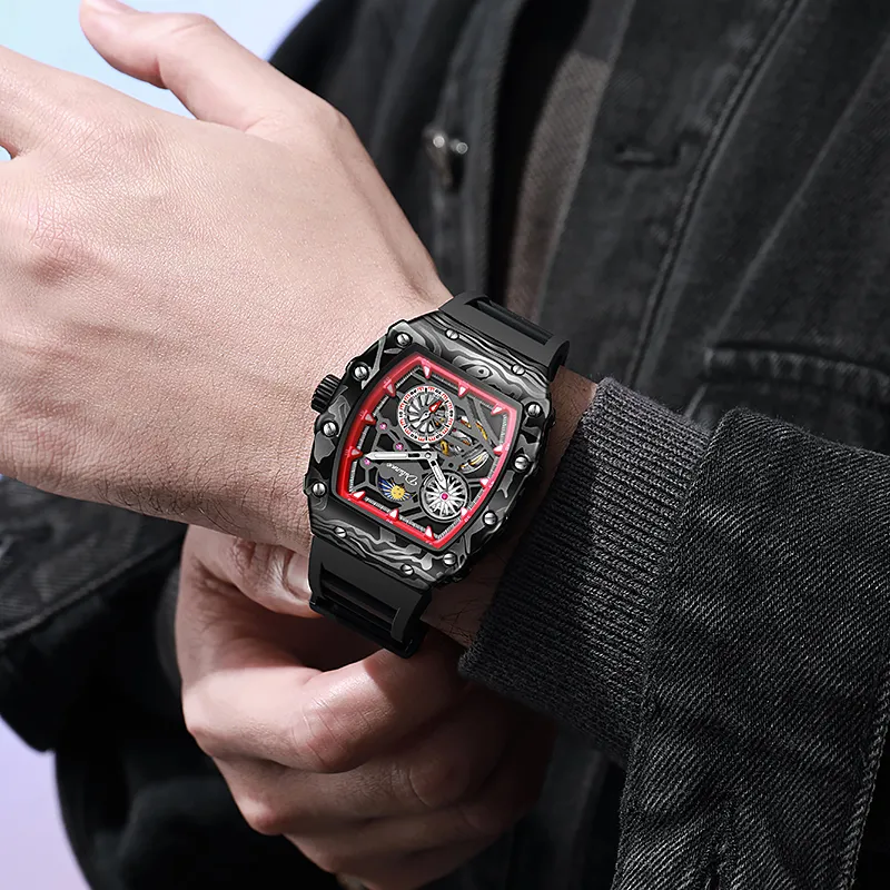 Dulunwe Automatic Mechanical Movement Silicone Strap Watch Men's Watches Black Dial-6