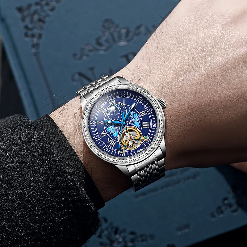 Dulunwe Automatic Mechanical Movement Stainless Steel Watchband Watch Men's Watches Silver Dial-3