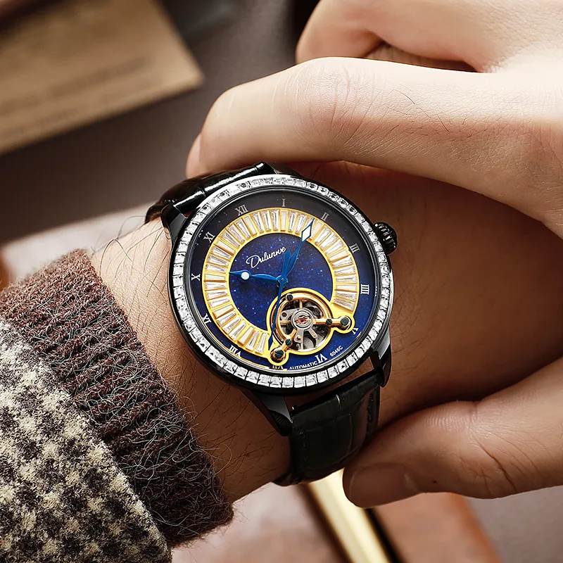 Dulunwe Automatic Mechanical Movement Genuine Leather Strap Watch Men's Watches Blue Dial-4