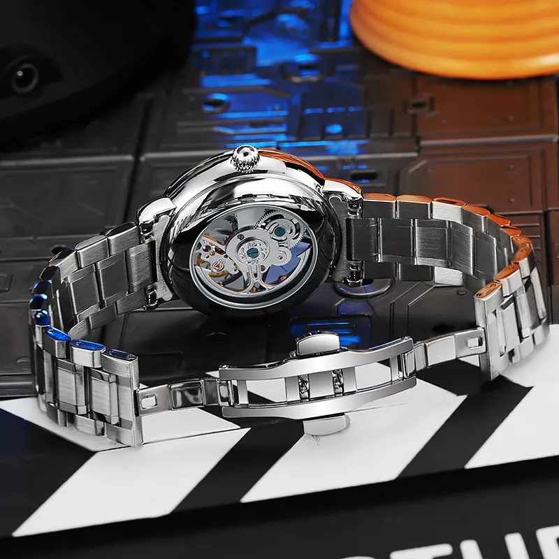 Dulunwe Automatic Mechanical Movement Steel Strap Watch Men's Watches Cut-Out Dial-3