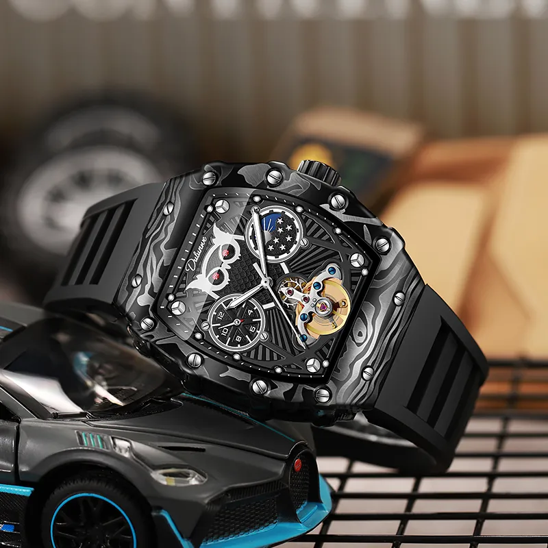Dulunwe Owl Series Automatic Mechanical Movement Silicone Strap Watch Men's Watches Black Dial-2