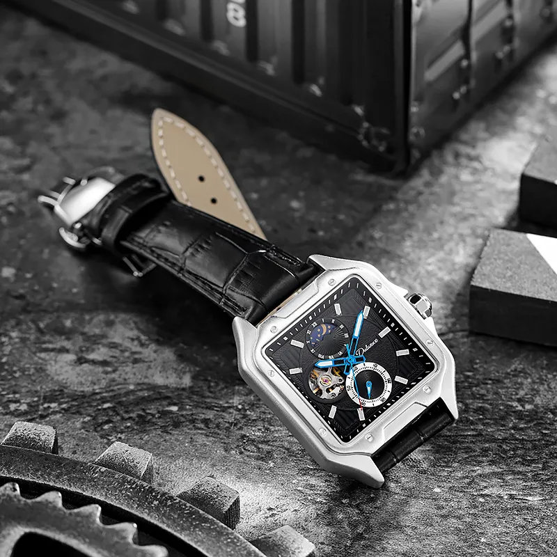 Dulunwe Automatic Mechanical Movement Genuine Leather Strap Watch Men's Watches Black Dial-5