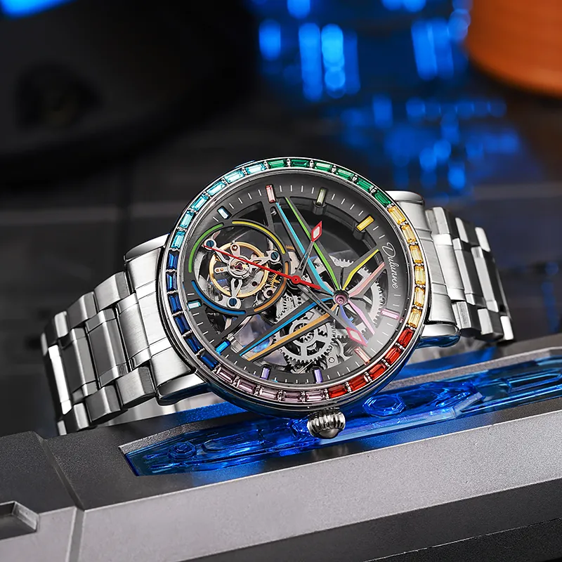 Dulunwe Automatic Mechanical Movement Steel Strap Watch Men's Watches Cut-Out Dial-7
