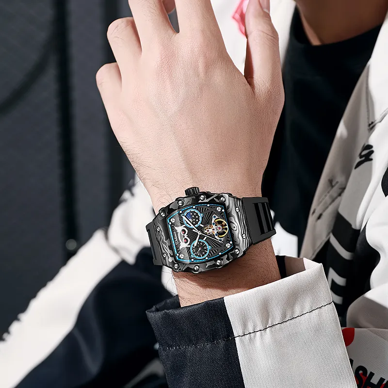 Dulunwe Owl Series Automatic Mechanical Movement Silicone Strap Watch Men's Watches Black Dial-5