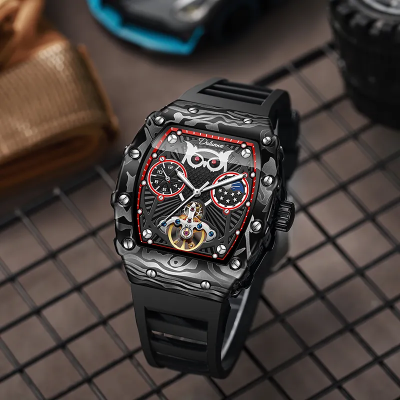 Dulunwe Owl Series Automatic Mechanical Movement Silicone Strap Watch Men's Watches Black Dial-9