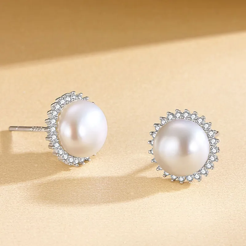 Old Qingyun Silver Building Pearl Stud Earrings Women's-2