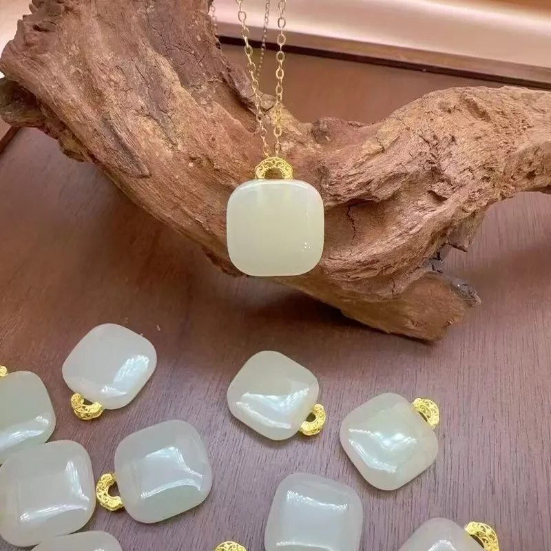 Old Qingyun Silver Building Hetian Jade Pendants Pale Greenish White Jade Women's-2