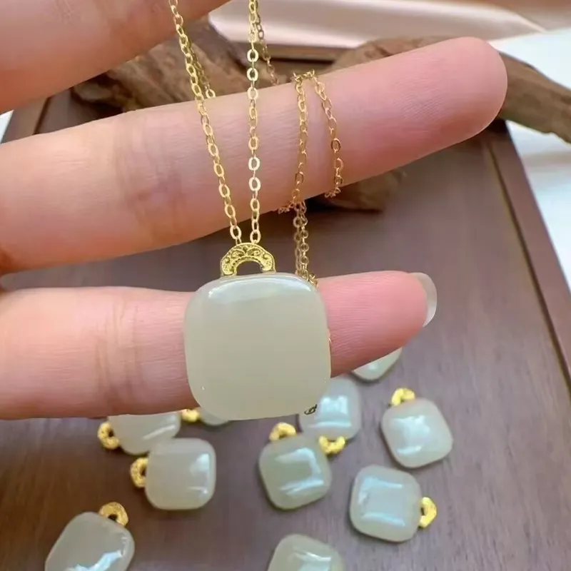 Old Qingyun Silver Building Hetian Jade Pendants Pale Greenish White Jade Women's-6