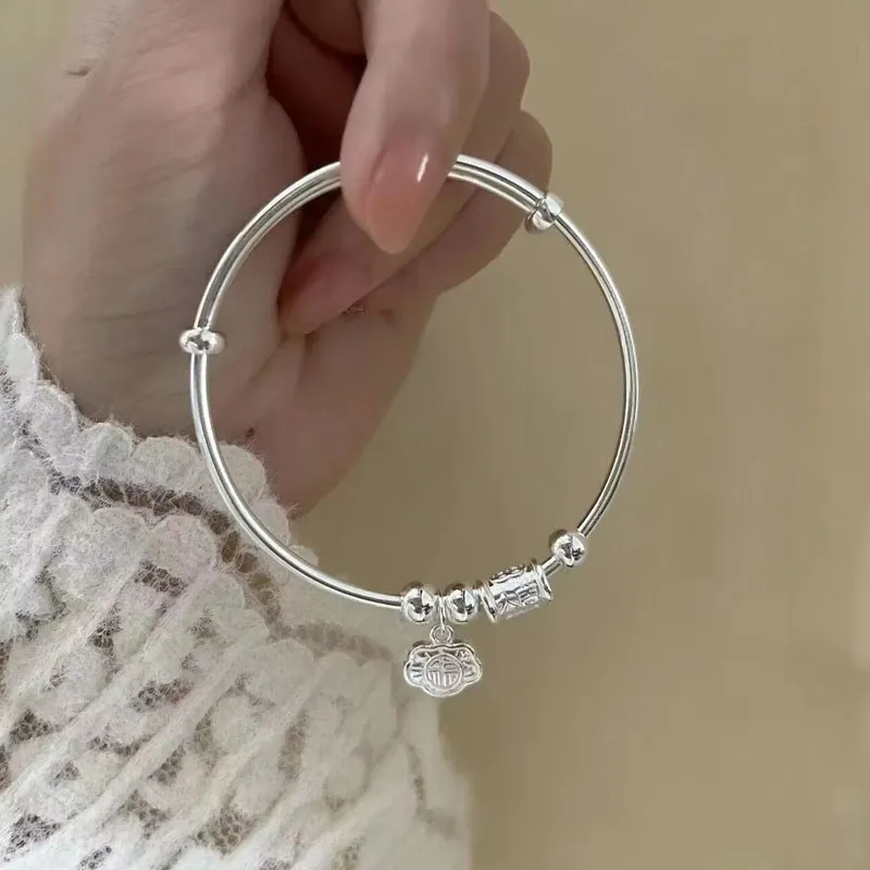 Old Qingyun Silver Building 999 Fine Silver Bangles Unisex-3
