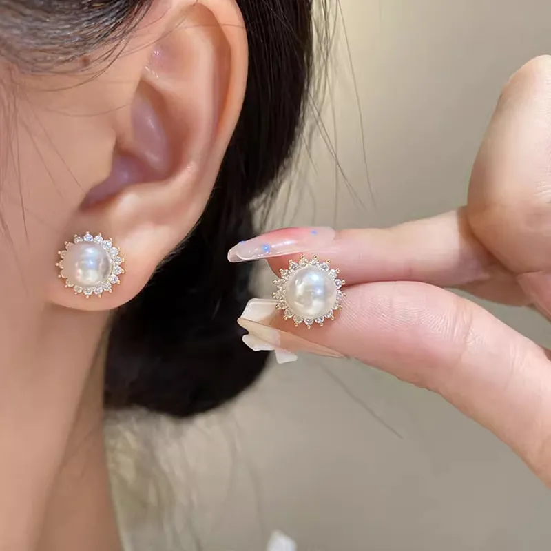 Old Qingyun Silver Building Pearl Stud Earrings Women's-4