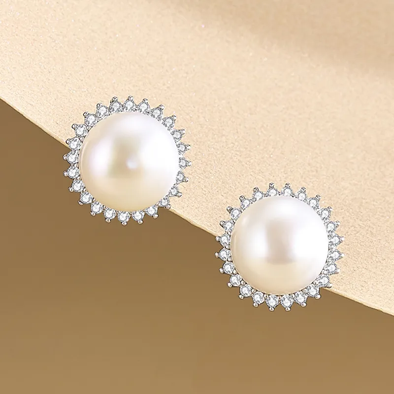 Old Qingyun Silver Building Pearl Stud Earrings Women's-1