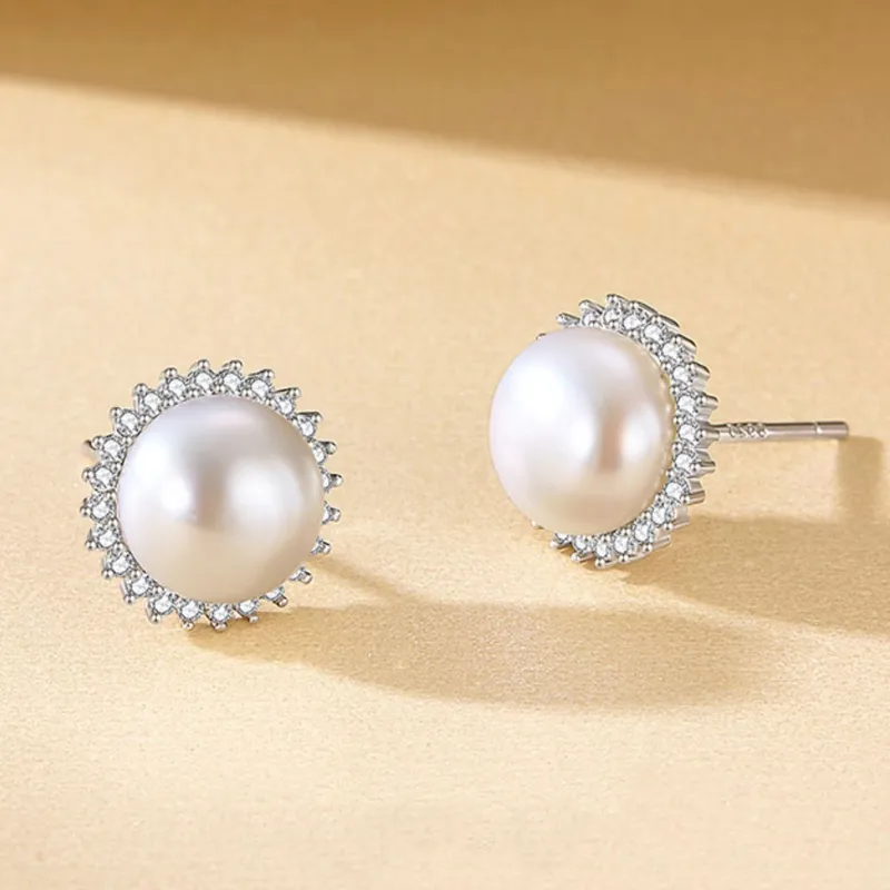 Old Qingyun Silver Building Pearl Stud Earrings Women's-3