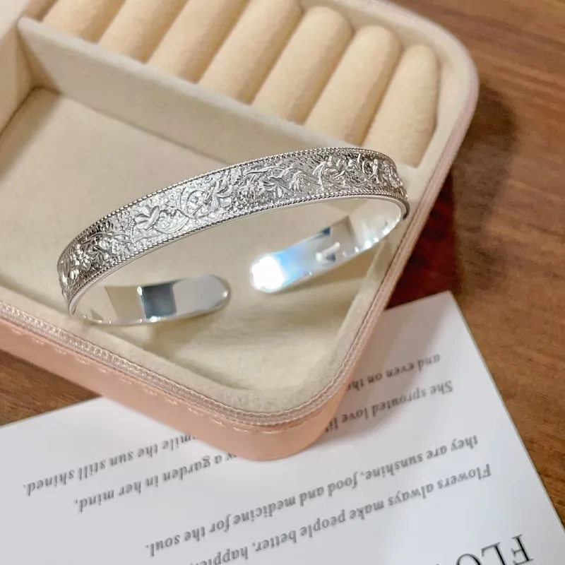 Old Qingyun Silver Building 999 Fine Silver Bangles Unisex-2