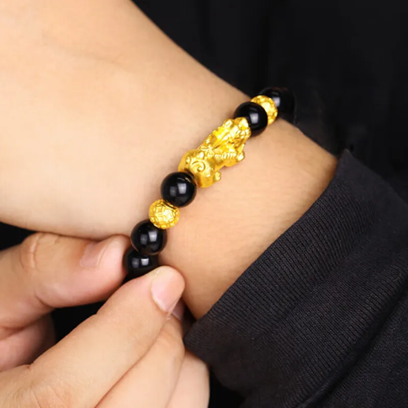 Old Qingyun Silver Building Obsidian Bracelets Unisex-3