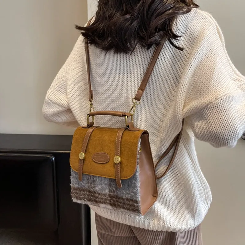 NOMK Woolen With PU Backpack Regular Women's Brown Plaid/Gray Plaid-8