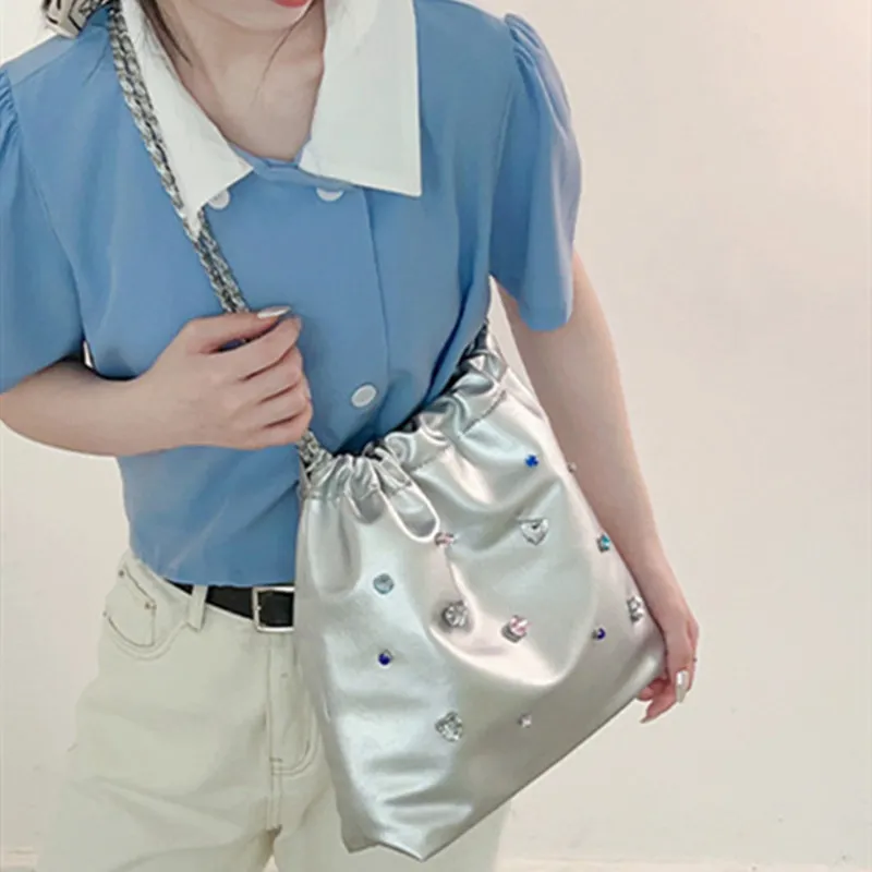 NOMK Leather Chain Bag Tote Bag Shopping Bag Bucket Bag Shoulder Bag Handbag Crossbody Bag Shoulder Bag Women's Silver-2