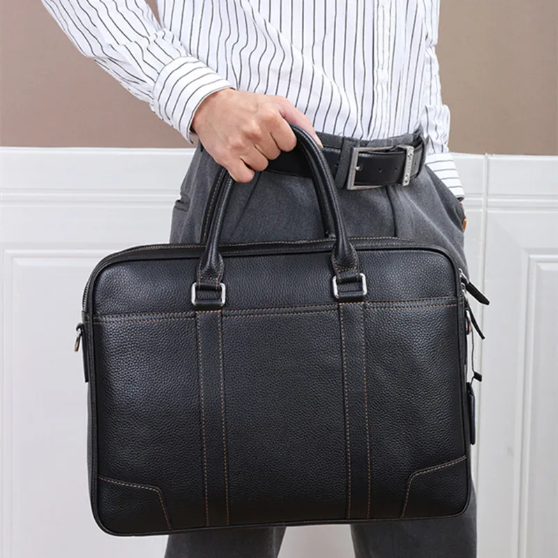 NOMK Top Grain Cow Leather Business Bag Briefcase Shoulder Bag Crossbody Bag Handbag Large Size Men's Black-8
