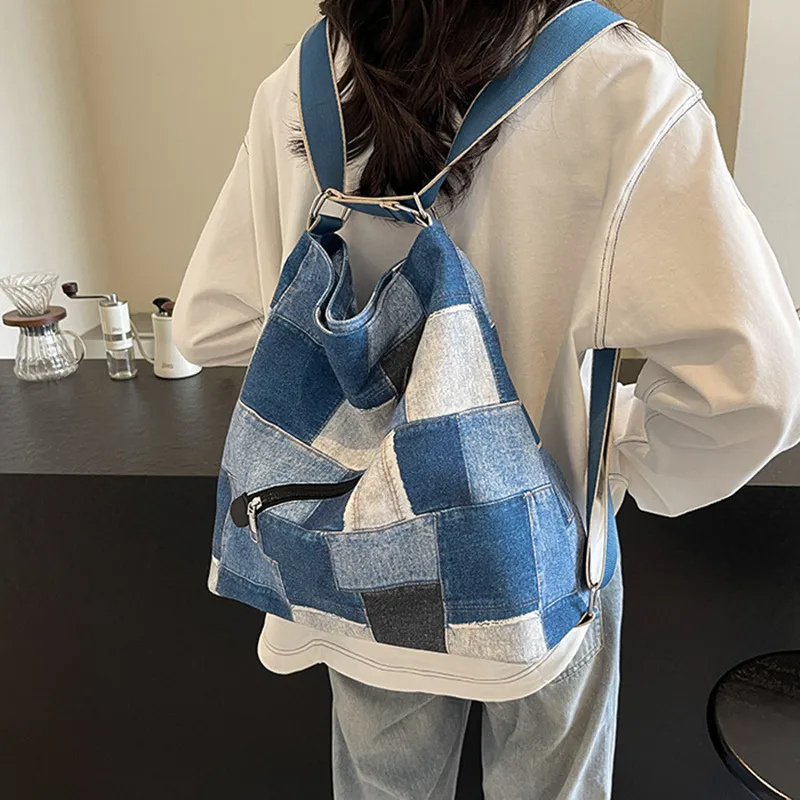 NOMK Denim Backpack, Underarm Shoulder Bag, Crossbody Bag Women's Blue/Brick Red/Dark Tea-2