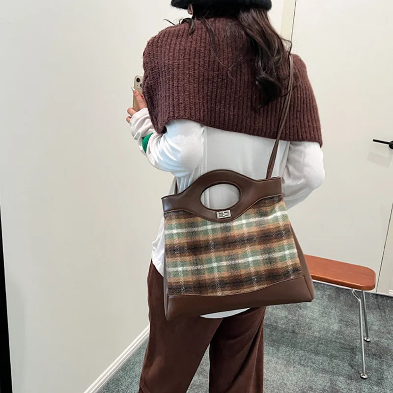 NOMK PU With Woolen Handbag Texture, Shoulder Bag, Crossbody Bag Medium Size Women's Brown Plaid/Red Plaid/Green Plaid-4