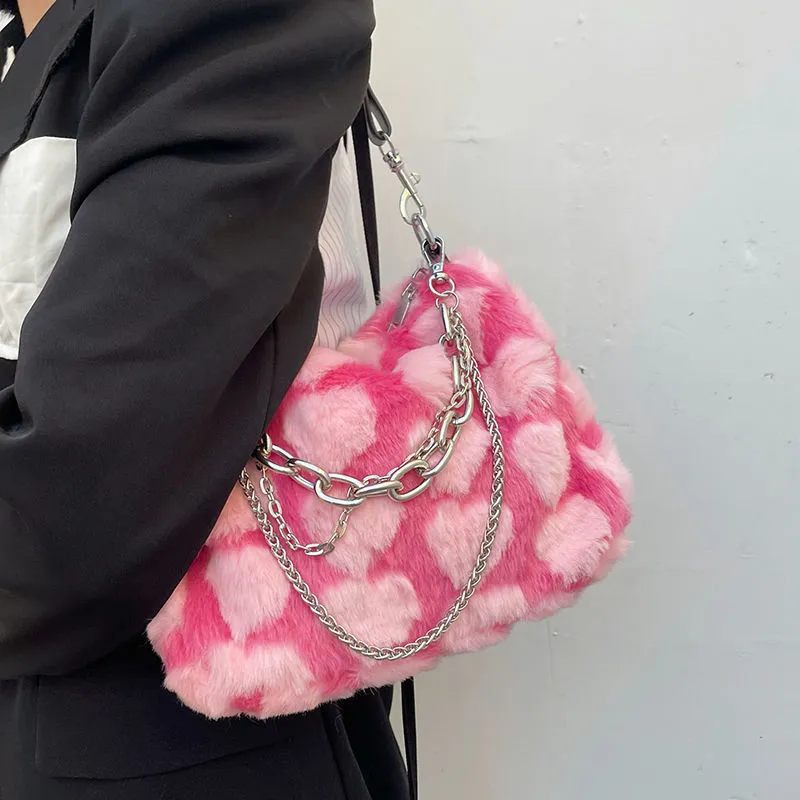 NOMK Plush Chain Bag, Shoulder Bag, Crossbody Bag Regular Women's White/Gray/Pink/Khaki-13