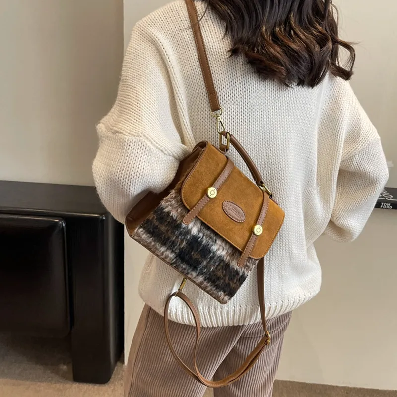 NOMK Woolen With PU Backpack Regular Women's Brown Plaid/Gray Plaid-3