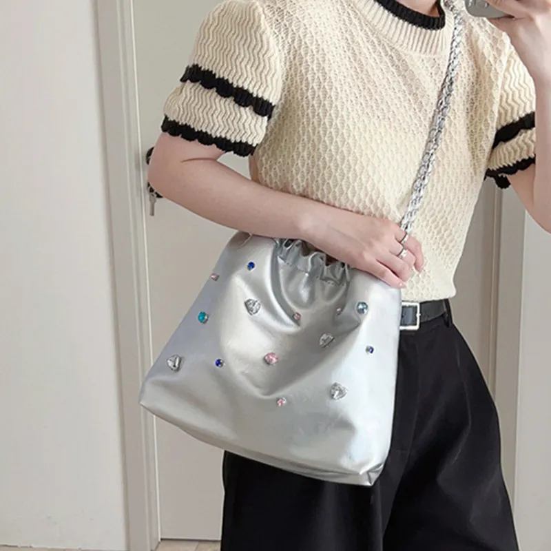 NOMK Leather Chain Bag Tote Bag Shopping Bag Bucket Bag Shoulder Bag Handbag Crossbody Bag Shoulder Bag Women's Silver-7