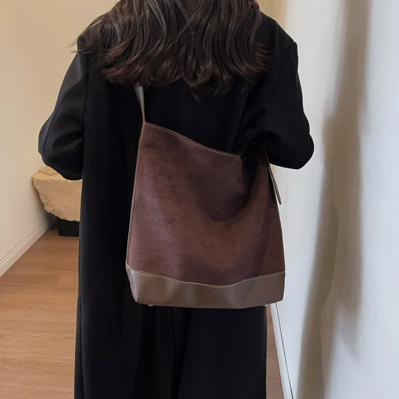 NOMK PU With Woolen Shoulder Bag Large Size Women's Black/Khaki/Coffee-14